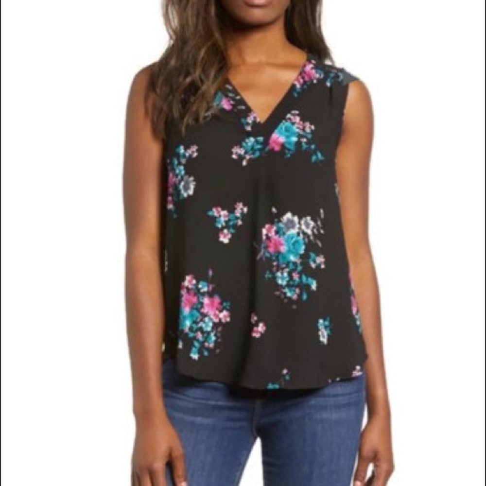 S Gibson Black Floral Tank Top Crepe Sleeveless